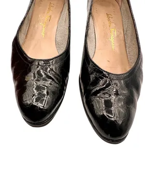Salvatore Ferragamo Size 8.5 Black Croc Embossed Faux Leather Wedge Flats thumbnail 6