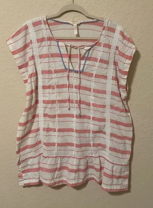 Matilda Jane Coral and White Striped Peasant Top with Braided Trim thumbnail 1