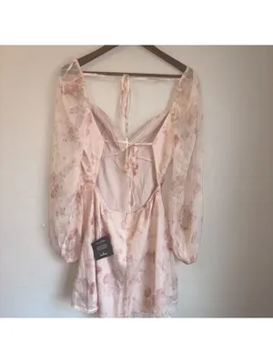 NWT Lulus Lovely Poise Light Pink Floral Tie-Back Long Sleeve Mini Dress Size M thumbnail 6