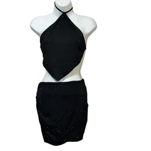 Edikted Black Rhinestone Handkerchief Halter Top & Ruched Mini Skirt Set Size M thumbnail 3
