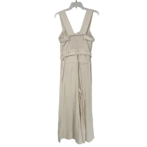 Anthropologie Cream Linen Blend Wide Leg Jumpsuit Belted‎ Button Front 6 Coastal thumbnail 2