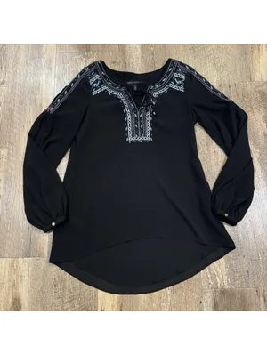 WHITE HOUSE BLACK MARKET 0 Black Embroidered Neck Tie Peasant Long Sleeve Top thumbnail 3
