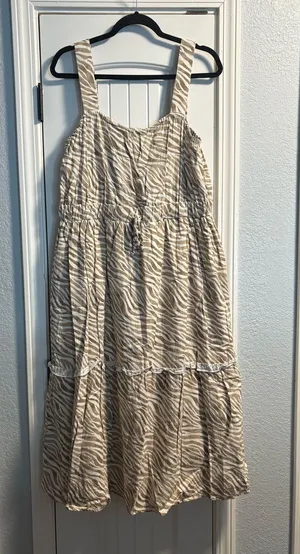 Cactus +‎ Pearl Midi Dress Womens Large Tan Zebra Linen Blend Tiered Boho Trim thumbnail 1