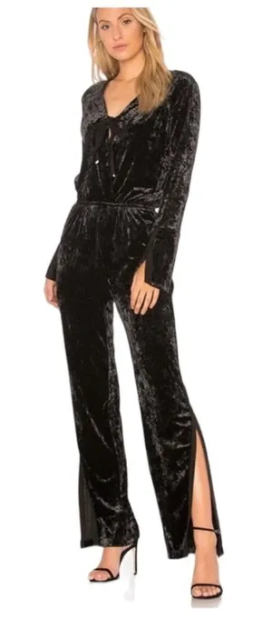 We are HAH NEW Large Black Crushed Velvet JUMP ON IT Flare Long Sleeve Jumpsuit thumbnail 1