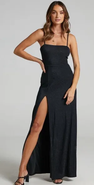 Showpo Rheannon Split Mesh Maxi Dress in Black Lurex thumbnail 1