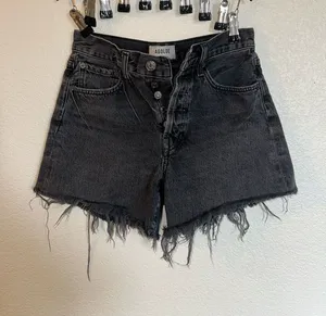 Agolde‎ Washed Black High-Rise Frayed Hem Denim Shorts 90s thumbnail 1
