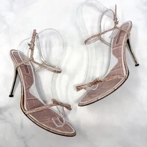 Cesare Paciotti Vintage Y2K Dagger Bow Croc Open Toe Stiletto Sandal Heels 40 thumbnail 1