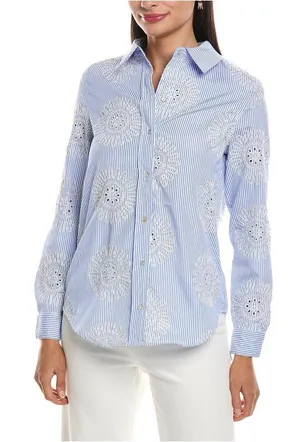 Nanette Lepore Blue and White Striped Embroidered Button-Up Shirt Floral thumbnail 1