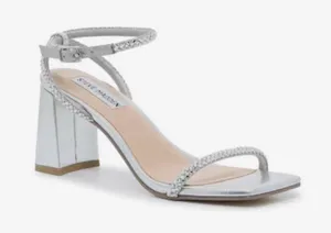 Steve Madden Hurrah Silver Rhinestone Strap Square-Toe Heels Sandals Sz 9 thumbnail 1