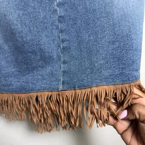 Women VTG y2k Blue Denim Asymmetrical Skirt with‎ Brown Faux Suede Fringe Hem thumbnail 4