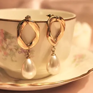 18k gold plated simulated pearl dangle earrings thumbnail 2