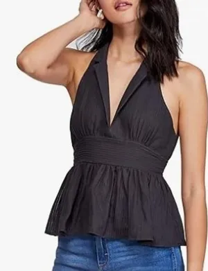 Free‎ People Black Peplum Born to Be Yours Halter XS Sleeveless Collared Top thumbnail 1