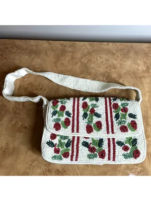 Rachel Zoe Hand Beaded Strawberry Motif Shoulder Bag Cream Baguette Purse Y2K thumbnail 2