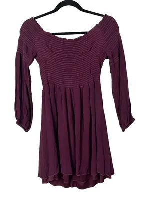 Altar'd State Maroon Red Smocked Off the Shoulder‎ Long Sleeve Mini Dress L thumbnail 1