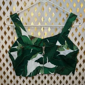 Plant Mom crop top green boho monstera zip up size S thumbnail 2