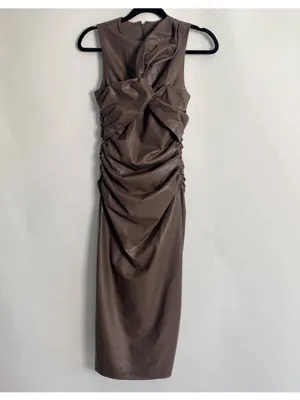 $228 Nwot Express Mocha Body Contour Twist Front Faux Leather Midi Dress Xs thumbnail 6
