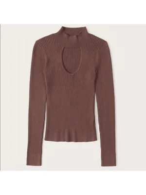 Abercrombie & Fitch Rust Brown Keyhole Mock Neck Ribbed Knit Sweater size XS thumbnail 14