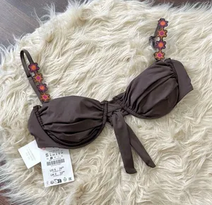 NWT Zara Brown Floral Straps Bohemian Bikini Top Size S thumbnail 1