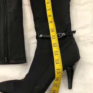Nine West Black fitted knee-high boots buckle 3” heel gothic streetwear Whimsygoth-Size 8M Preloved condition with minor wear Measurement in pics thumbnail 3