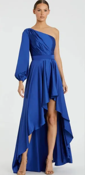 IEENA MAC DUGGAL Dark Blue Long Sleeve One Shoulder Satin High Low A-line Gown thumbnail 1