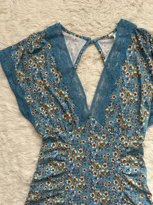 Free People Sweet Talker Mini Dress Short Sleeve V-neck Floral Blue Sz S thumbnail 4