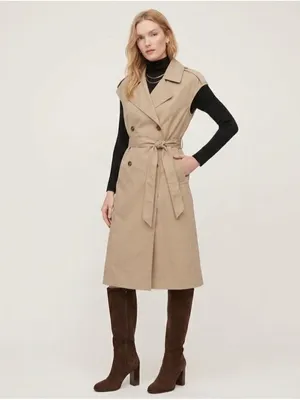 NEW H&M Sleeveless Trench Coat Layering Dress Tan Khaki Womens SMALL Belted thumbnail 2