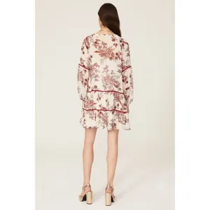 GREAT JONES Boho Floral Print Tiered Mini Dress Tassels Velvet Trim SIZE‎ L thumbnail 3