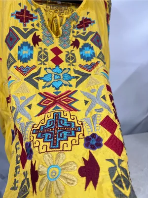 Biya Johnny Was golden Yellow Embroidered Boho long sleeve Top L blouse geometri thumbnail 8