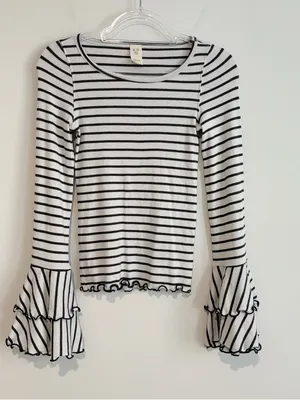 We The Free Free People Good Find Striped Bell Sleeve Ribbed Top grey‎ white size XS thumbnail 2