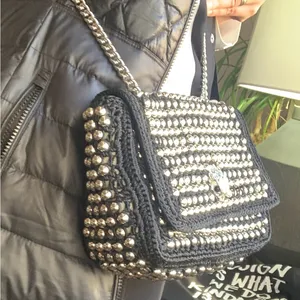 Authentic KURT GEIGER LONDON SILVERSTONE STUDS CROCHETED/LEATHER FLAP CROSSBODY thumbnail 6