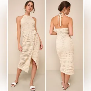 Lulus Blissful Strolls Beige Crochet Faux-Wrap Halter Midi Dress Size Medium thumbnail 2