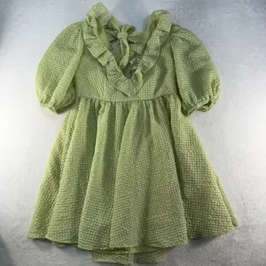 Mable M Medium Babydoll Mini Dress Green Textured Puff Sleeves Pockets‎ Coquette thumbnail 4