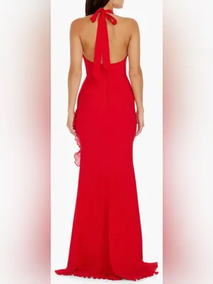 NEW Dress The Population Kathleen Ruffle Halter Gown with Train Rogue Red Sz S thumbnail 2