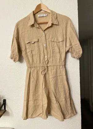 Petal & Pup Beige Tie-Waist Shirt Dress Size 2 Linen Blend thumbnail 1