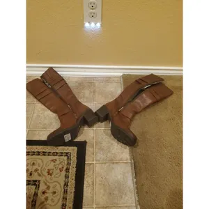 CLARKS Riding Boots Knee High Brown Leather Chunk Heels Buckle Details Size 6.5M thumbnail 14