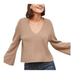 M.M. LaFleur Sophie 100% Cashmere Sweater XL Deep Flax Knit V-Neck Bell Sleeve thumbnail 1