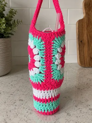 Handmade Stanley Cup PINK Crochet Bag Water Carrier Purse 40oz size - Purse only thumbnail 5