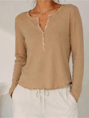 Aerie XXL camel tan Ribbed Long Sleeve Henley Top Snap Button Casual Basic thumbnail 1