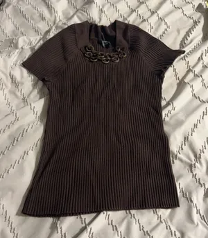 R-Q-T Brown Ribbed Short Sleeve Top with Metal Ring Detail Size L thumbnail 1