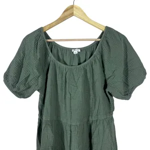 Beachlunchlounge Tiered Solid Mini Dress Green Boho Gauze Puff Sleeve Size M thumbnail 2