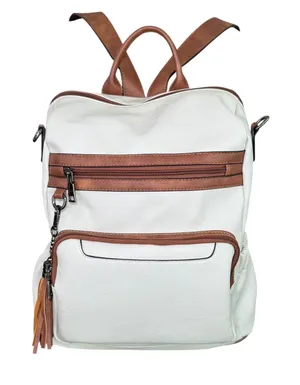 Convertible Backpack Shoulder Bag‎ Satchel Purse White Brown Vegan Leather thumbnail 1