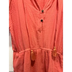 Knox Rose Womens Large Coral Pink Gauze Boho Romper Tassel Tie Ruffle Sleeve L‎ thumbnail 4