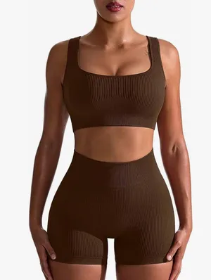 Amazon Brown Ribbed Seamless Workout Set thumbnail 1