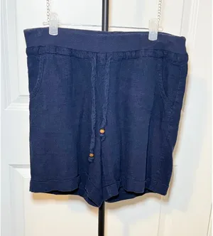 Per Se Navy Blue‎ Linen Blend Drawstring Shorts Size 6 Wood Bead Detail Cuffed thumbnail 1