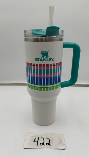 Stanley Quencher H2.0 FlowState 40 Oz Tumbler White Plaid Teal Handle Straw thumbnail 1