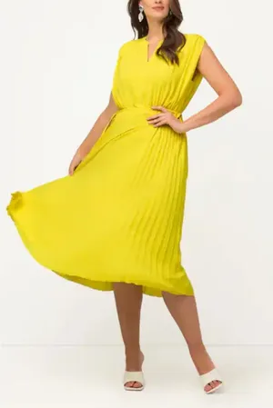 Ulla Popken Yellow Pleated Chiffon Midi Dress Sleeveless Tie Waist Size 24‎ Plus thumbnail 1