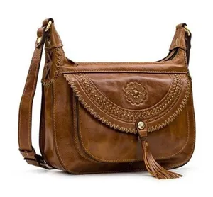 Patricia Nash Camila Hobo Bag Distressed Leather Saddle Messenger Purse Tassel Brown Cognac #boho #western #cottagecore #festival #vintage Measurement in pics thumbnail 1