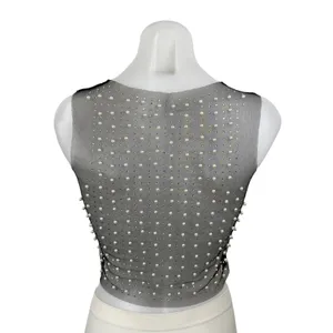 Women's Black Mesh Sheer Beaded Rhinestone Pearl Cami Tank Crop Top Size S thumbnail 4