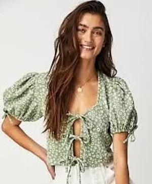Free People Sweet Sun Top Size S Green Floral Puff Sleeve Crop thumbnail 1