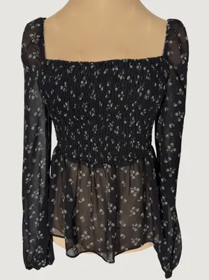 3230 | Ditsy Floral Smocked Peplum Blouse Black Cottagecore Coquette Women S thumbnail 1
